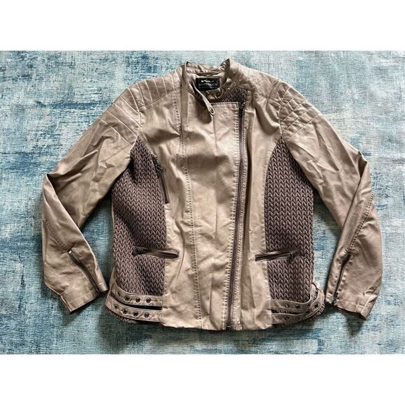 Montanaco Tan Brown Faux Leather Moto Style Jacket with Cabled Panel Inserts XL - Picture 1 of 7